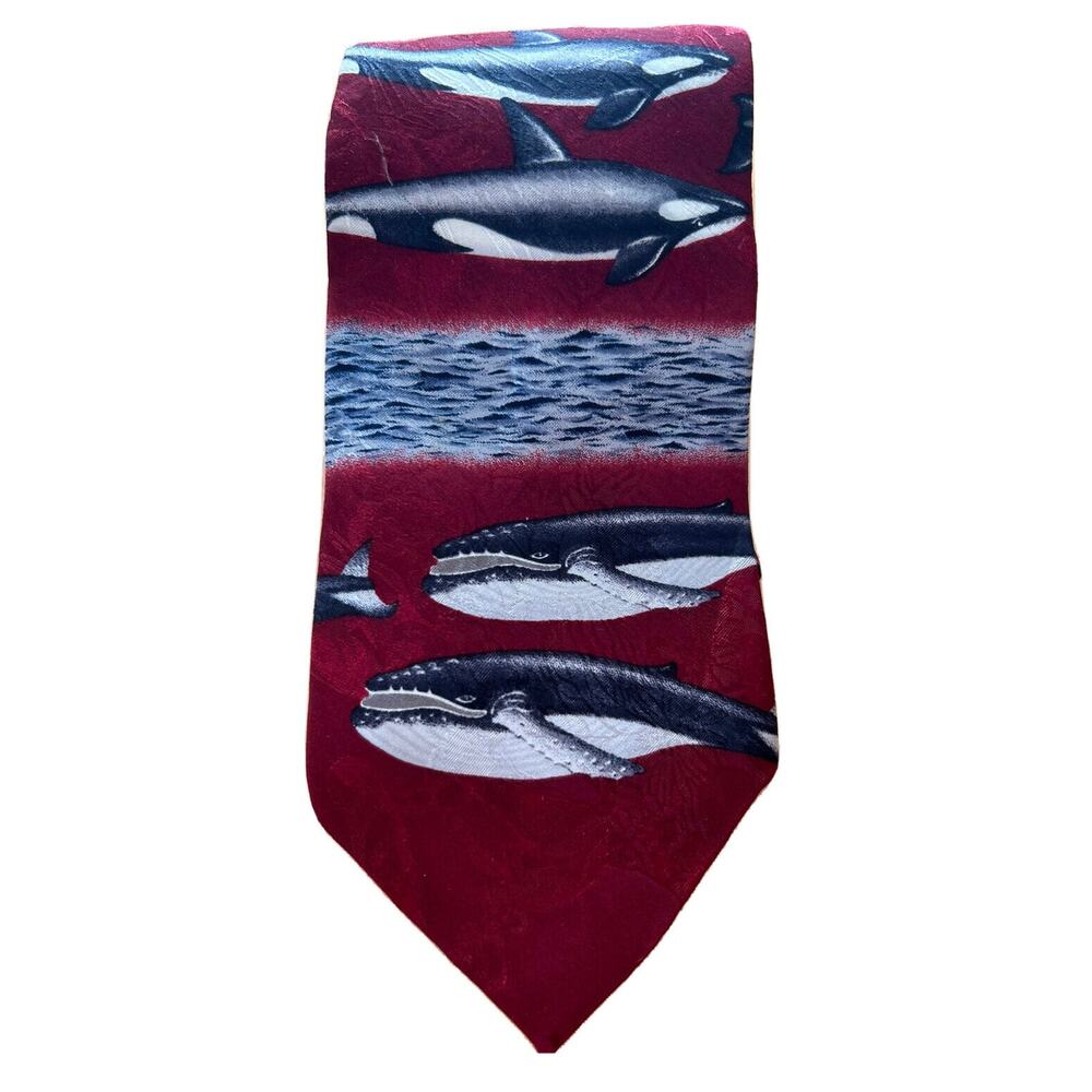Vintage Marc Dennis‎ Red 4” Whales & Dolphins Endangered Species 100% Silk Tie